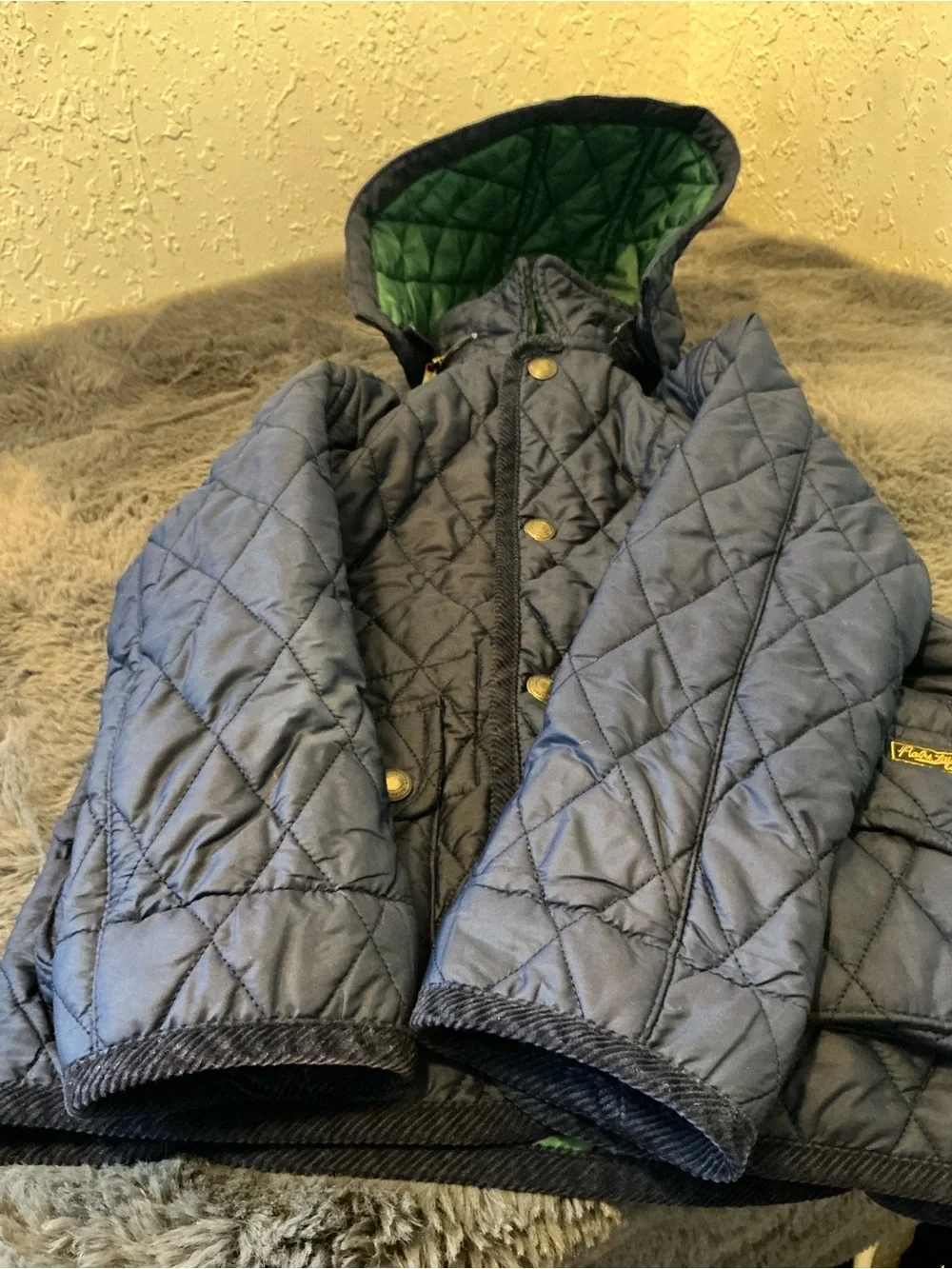 Ralph Lauren Navy Quilted Hooded Puffer with Green Lining